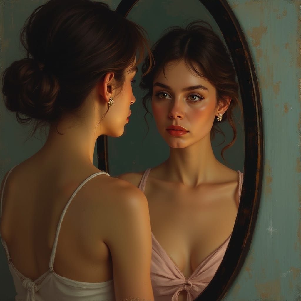 Contemplative Woman Gazes in Mirror, Soft Light
