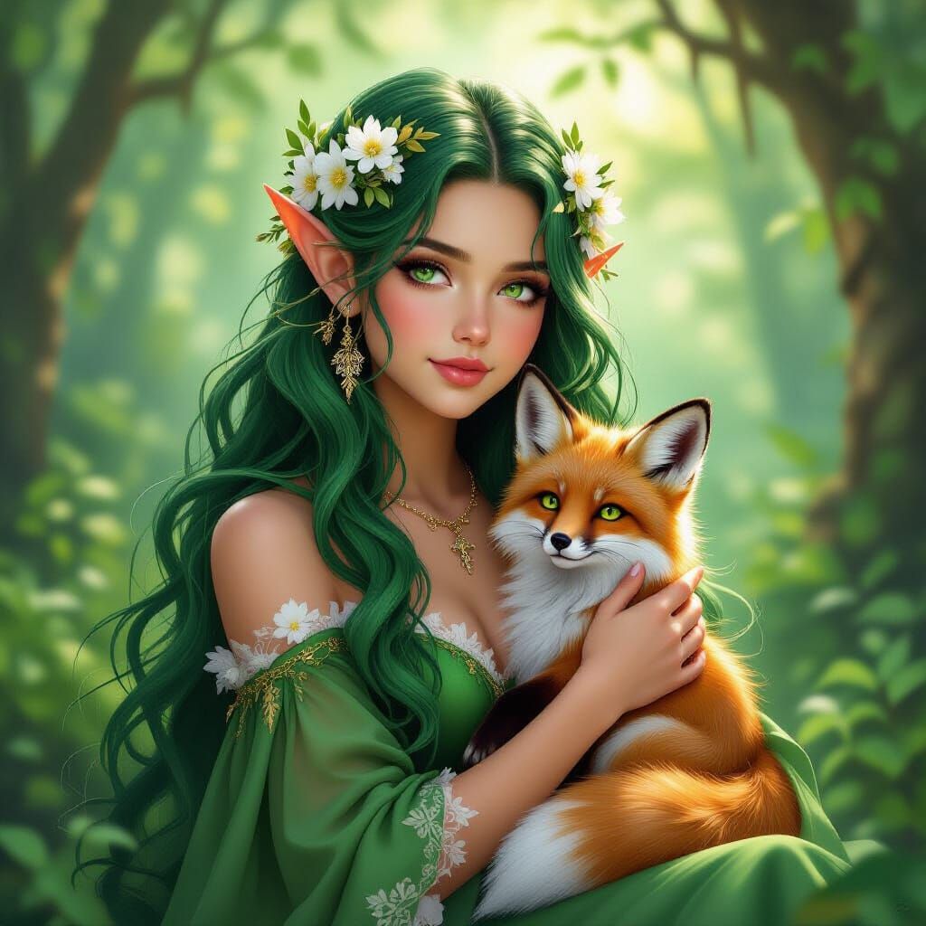 Elven Woman with Fox in Ethereal Forest: Digital Painting