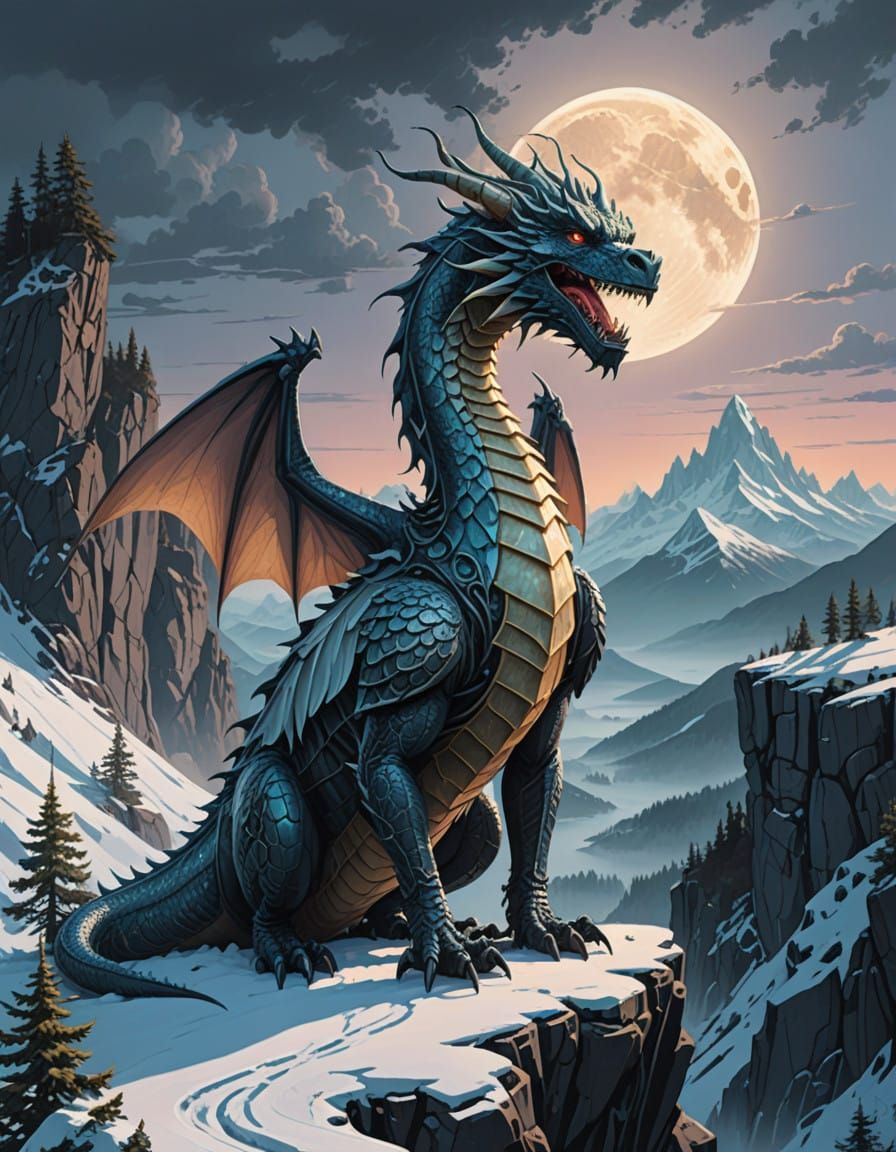 Moonlit Silvery Dragon Reigns Over Snowy Mountains
