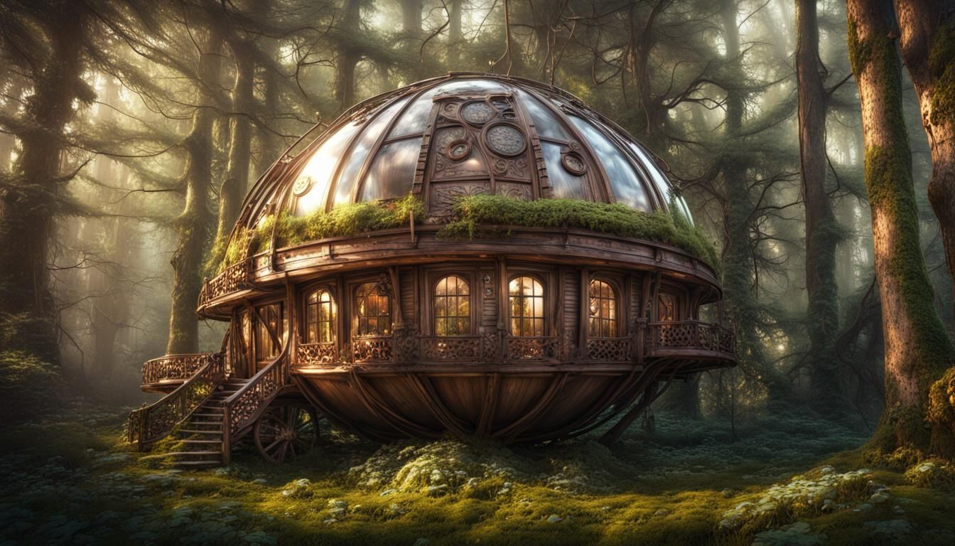 Steampunk Wooden Dwelling in Spring Forest: Digital Art