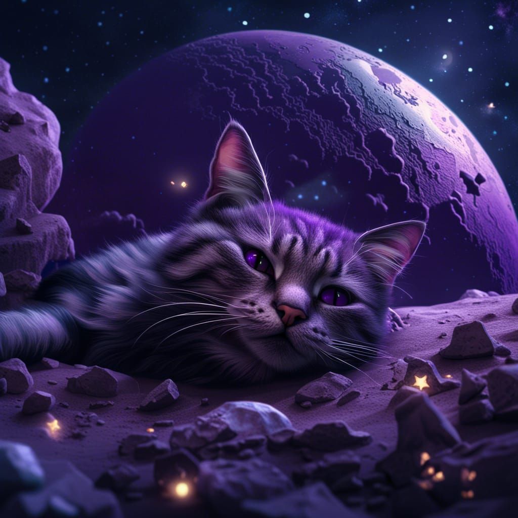 Cat on the Moon with Purple Stars