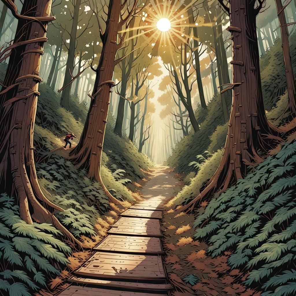 Skaters in Sun-Dappled Forest: Comic Book Art