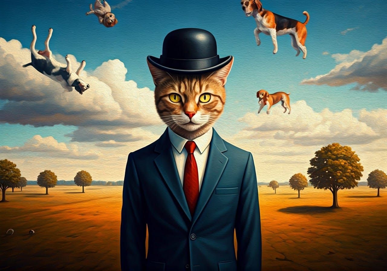 Surreal Cat in Bowler Hat Faces Apple as Dogs Fall from Sky