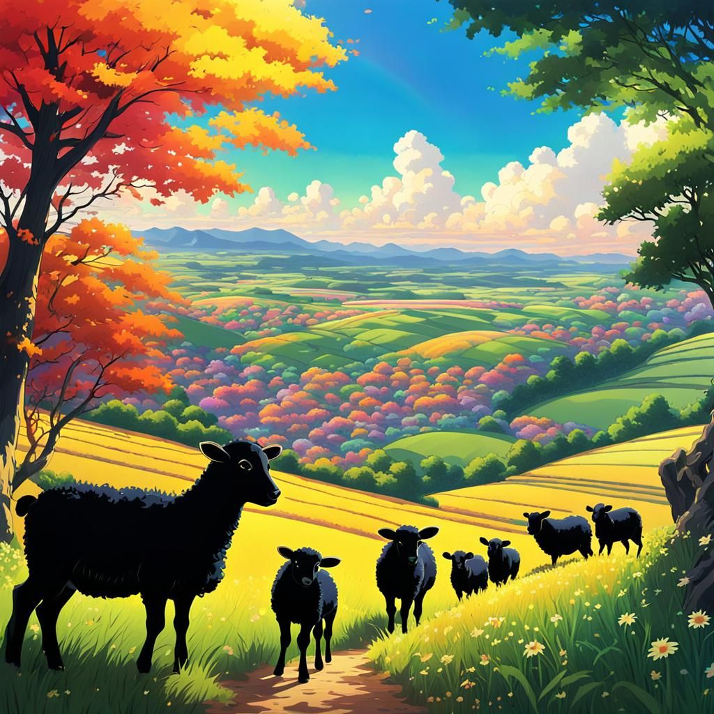Cute Black Lambs in Anime-Style French Landscape