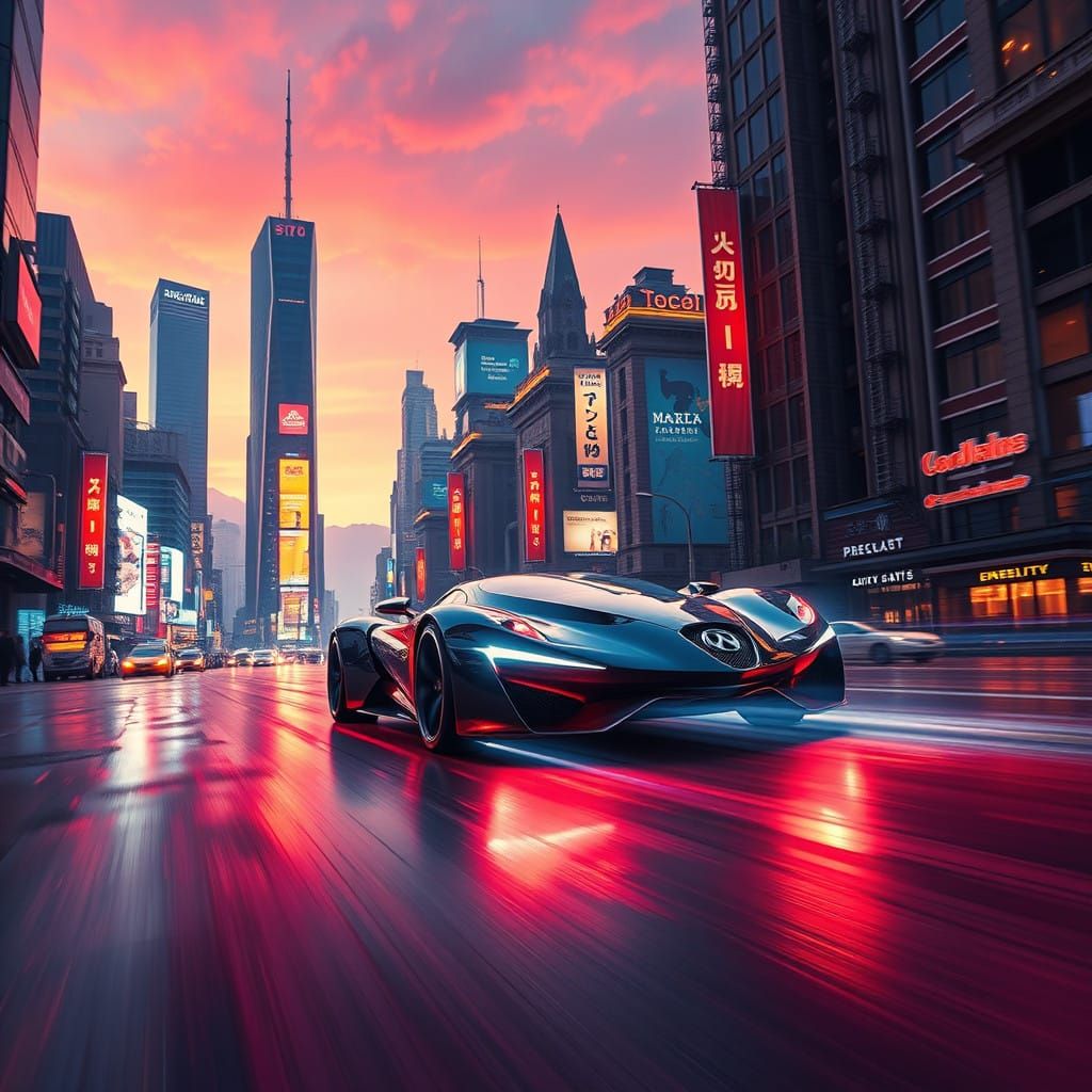Sleek Futuristic Car Speeds Down Neon City Street at Dusk