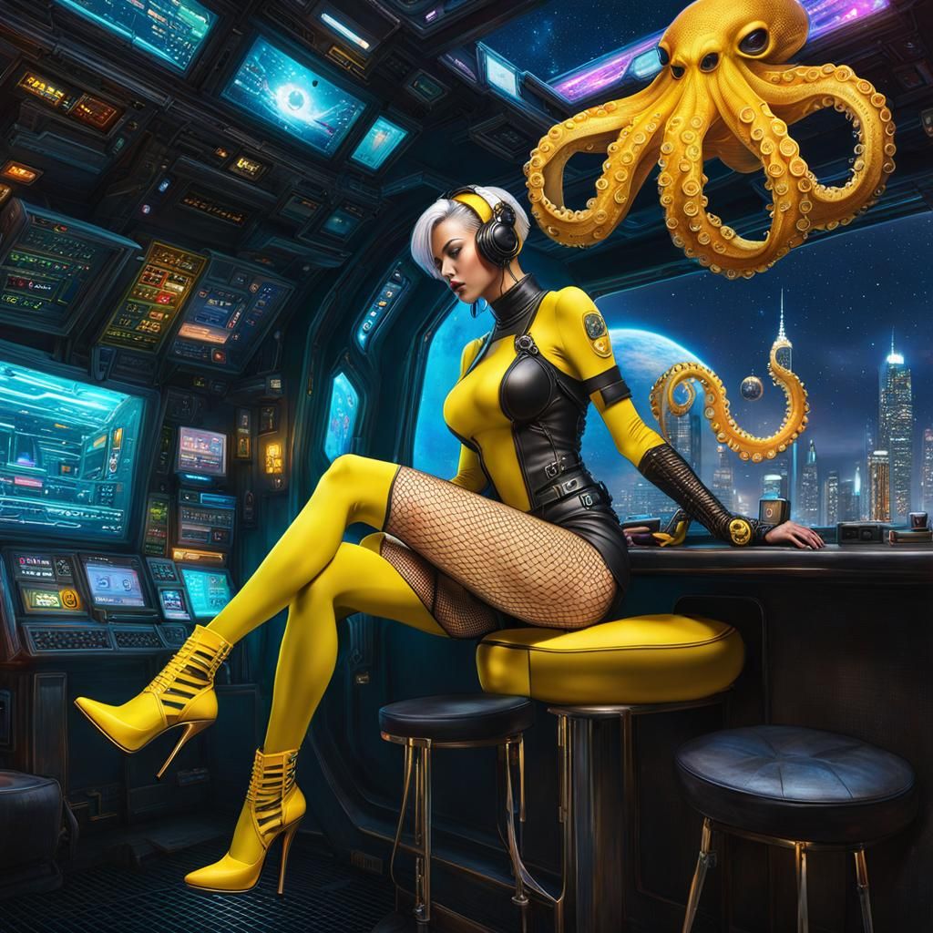Cyberpunk female marine wearing yellow fishnet stockings and stilettos drink in bar