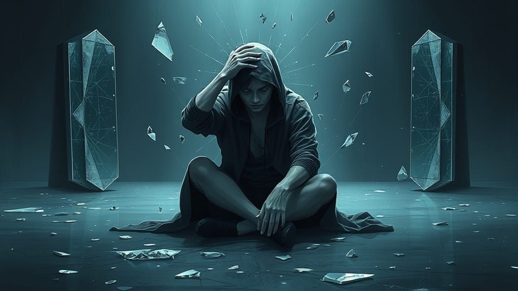 Futuristic Noir Figure Surrounded by Shattered Glass