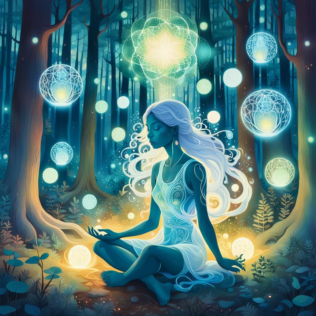 Ethereal Fantasy Art: Woman Meditating in Mystical Forest