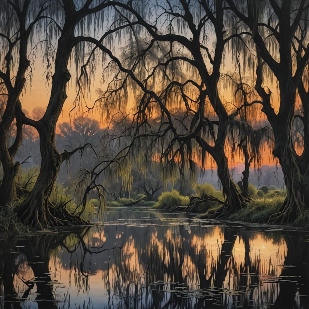 Weeping Willows at Sunset: A Photorealistic Lake Scene