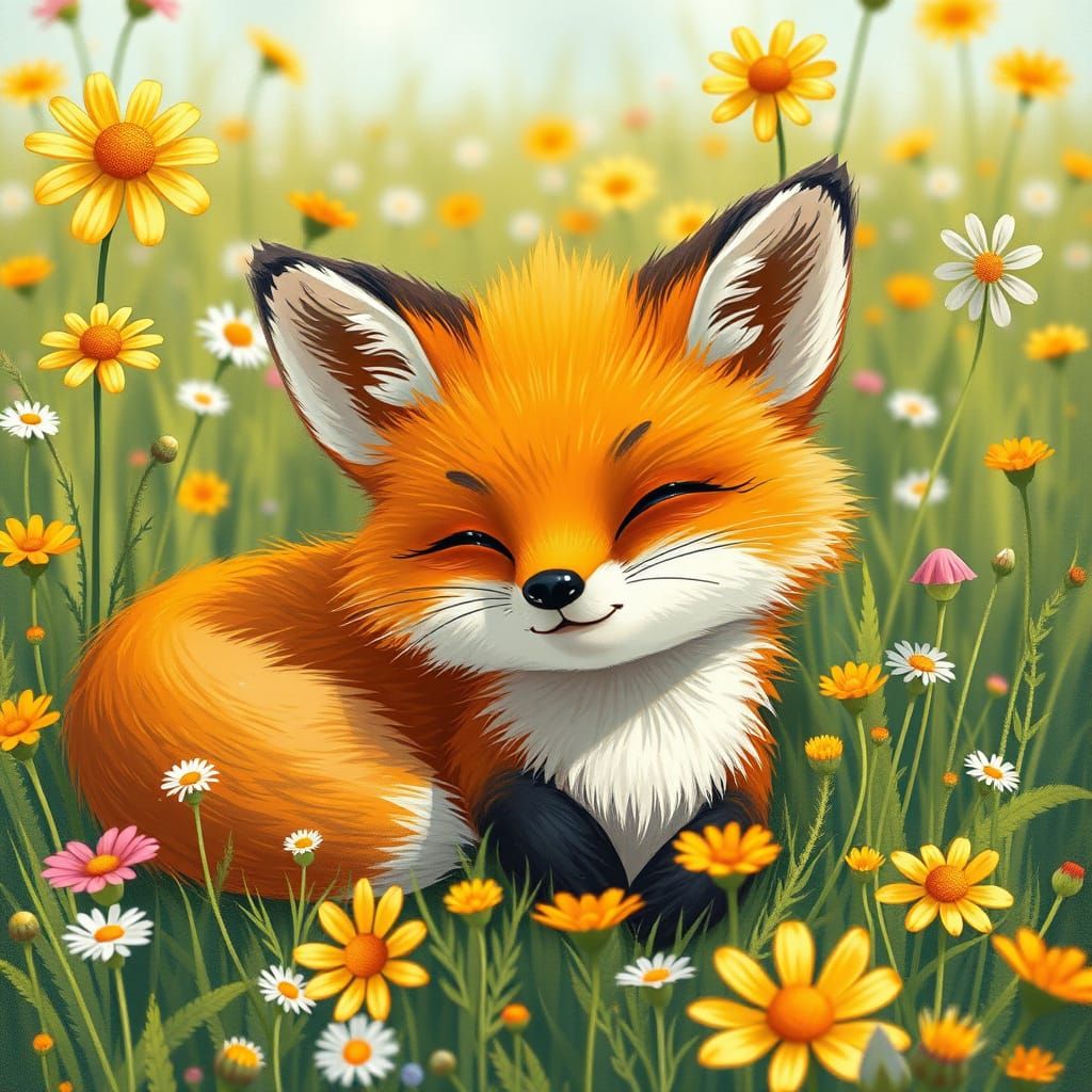 Relaxed Fox in Sunny Meadow, Whimsical Art Style