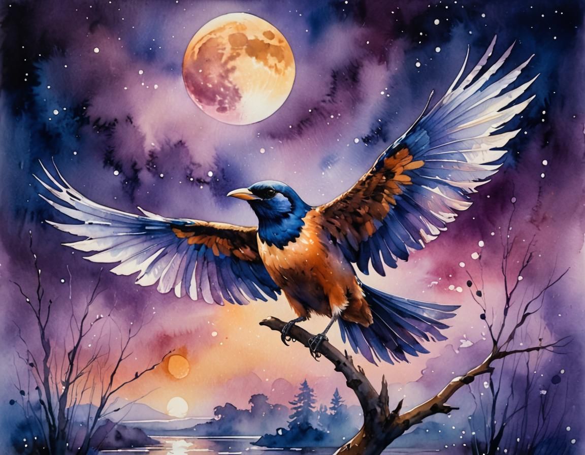 Bird Wings Under Moonlight: Watercolor Concept Art
