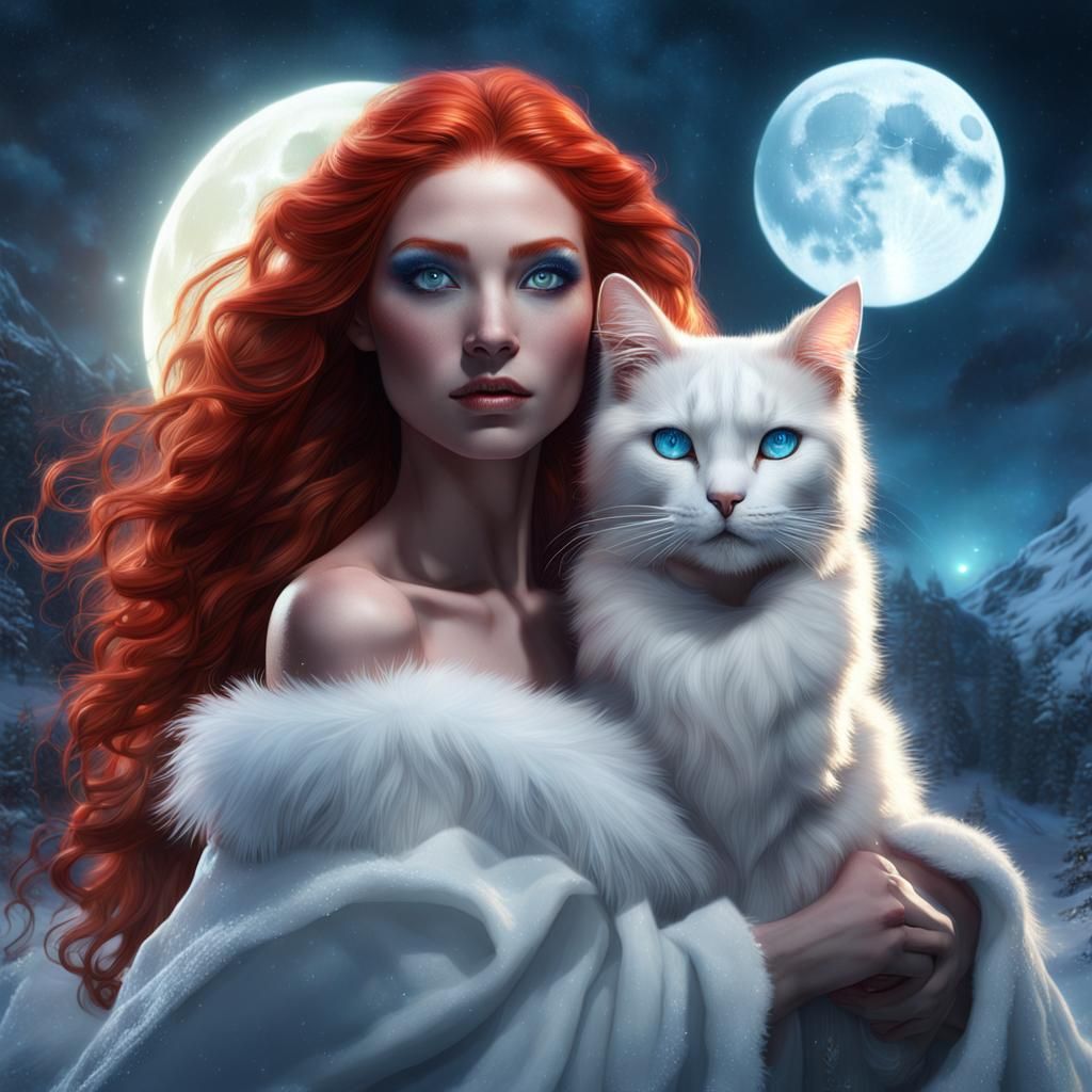 Snow Goddess with Cat in Detailed Digital Painting