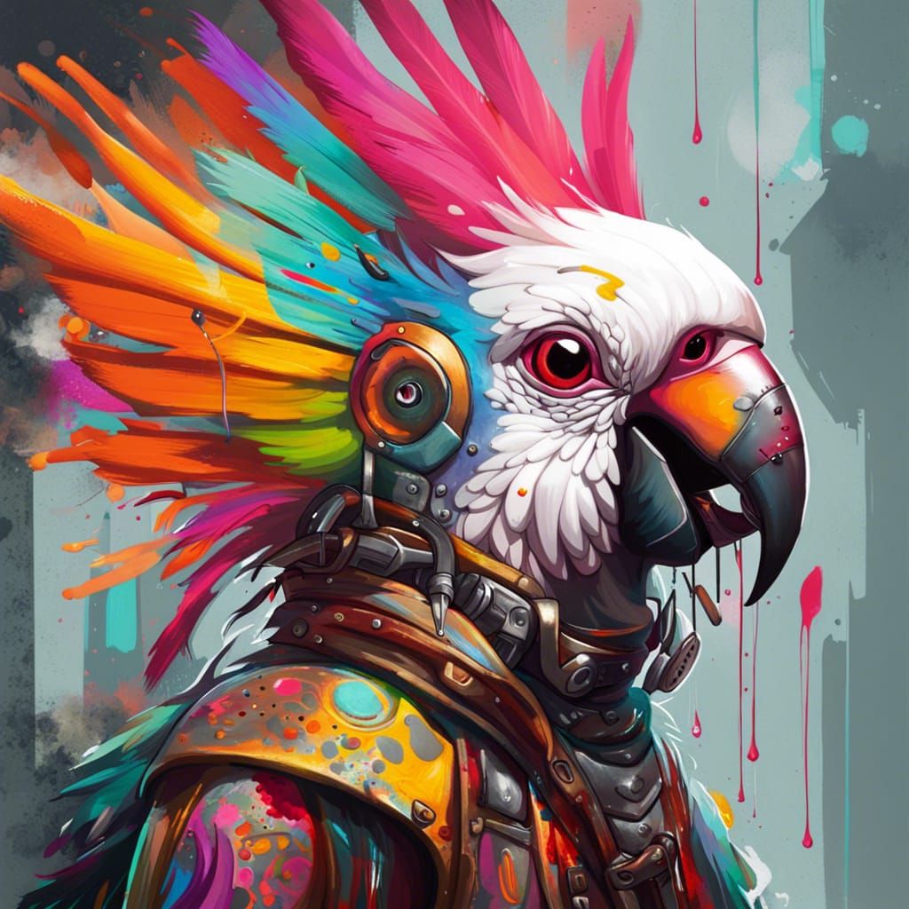 Colorful Cockatoo-Human Hybrid in Graffiti Style