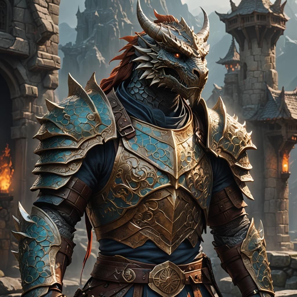 Heroic Dragonborn Anime-Inspired 3D Art