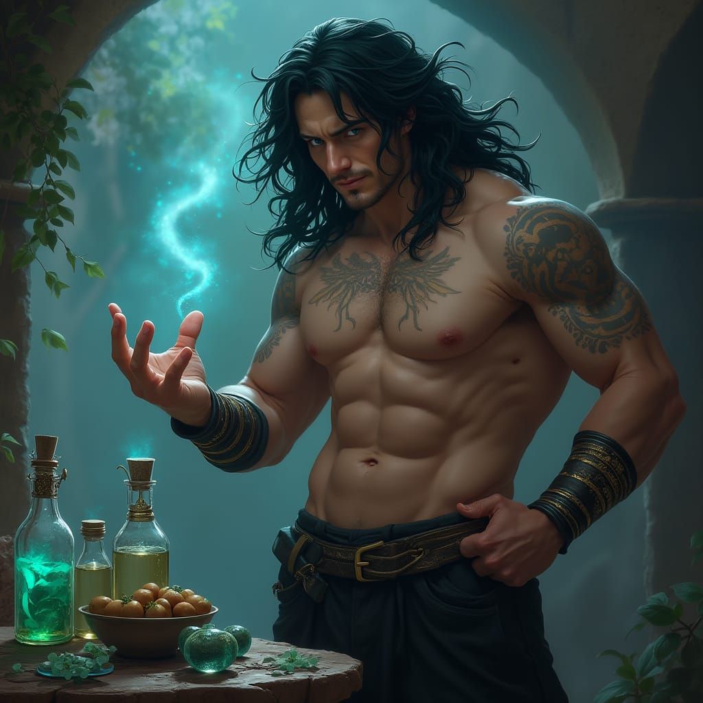 Tall Wizard Mixes Potions in Dark Robes