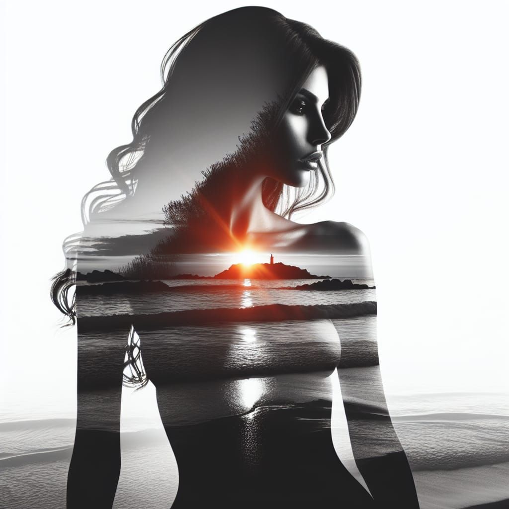 Woman and Sunset Coast in Double Exposure