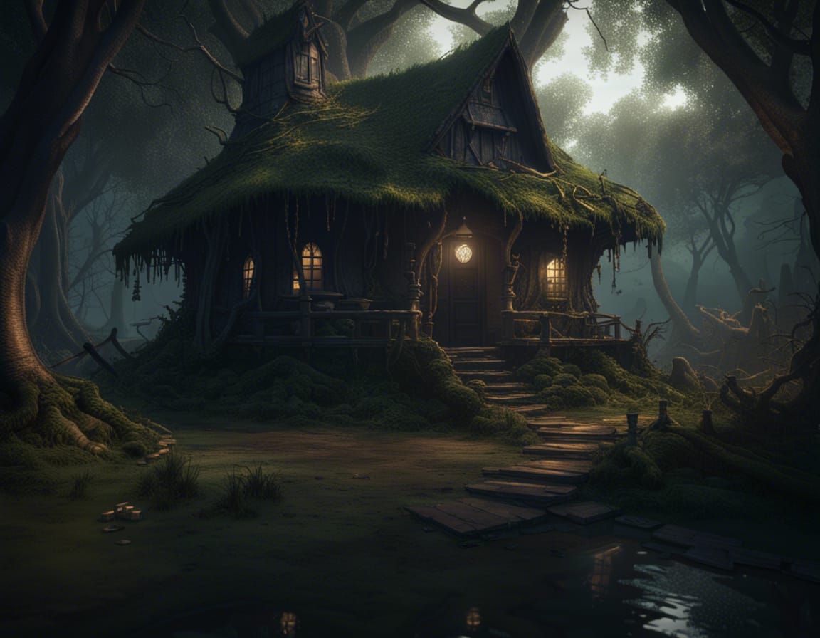 Witch's Hut in Ominous Thicket: Dark Academia Art