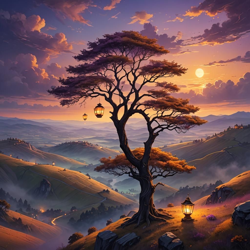 Mystical Valley: Dreamlike Fantasy Landscape at Sunset