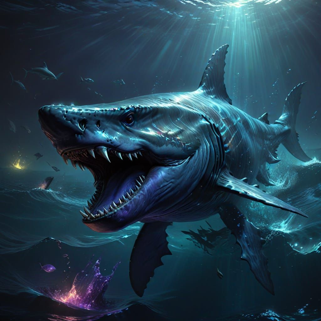 Megalodon in Dark Fantasy Oceanscape, Cyberpunk Aesthetic