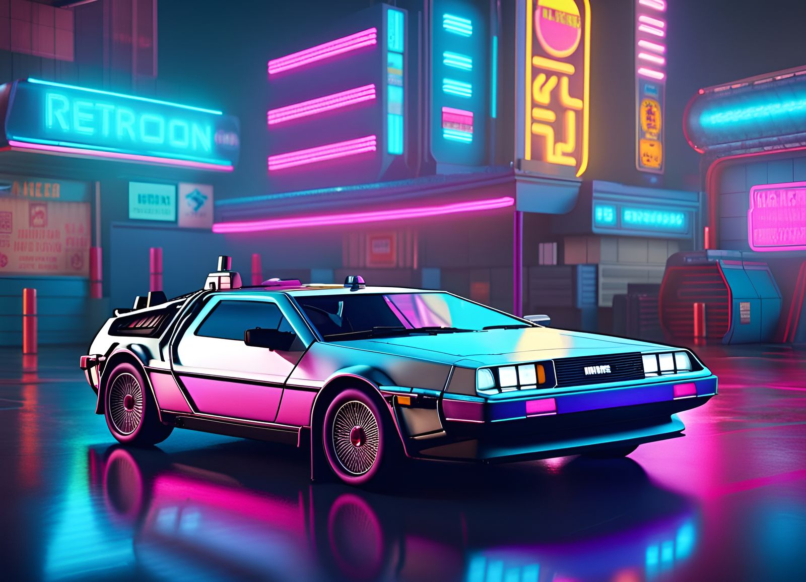 DeLorean in 80s Retrowave Neon Style