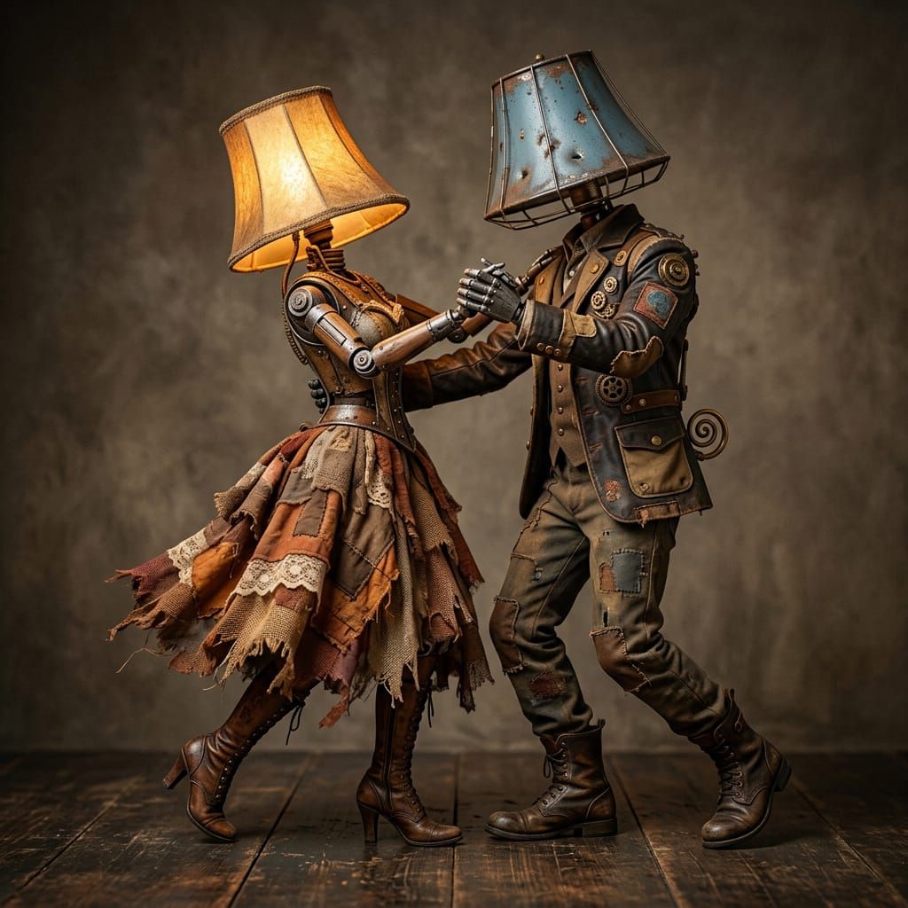 Steampunk Lamp Couple Dancing in Dramatic Light