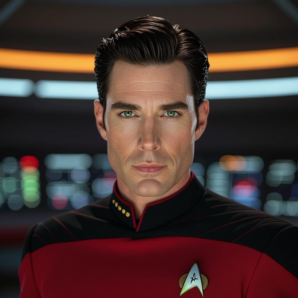 Starfleet Lieutenant in Red Uniform on Enterprise Bridge