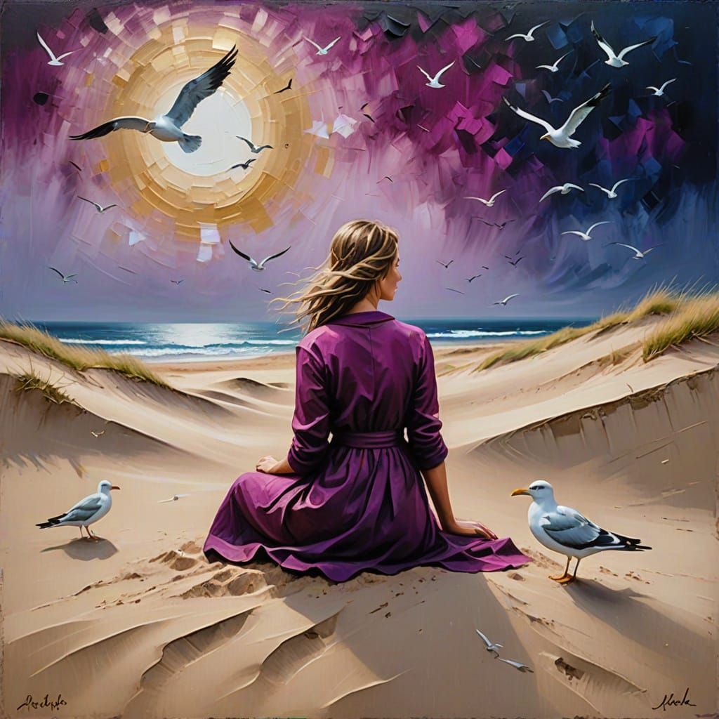 Girl on Dunes: Impasto Oil Painting with Dreamy Colors