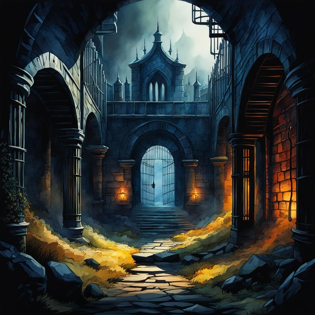 Dark Fantasy Moor Prison in Watercolor Style