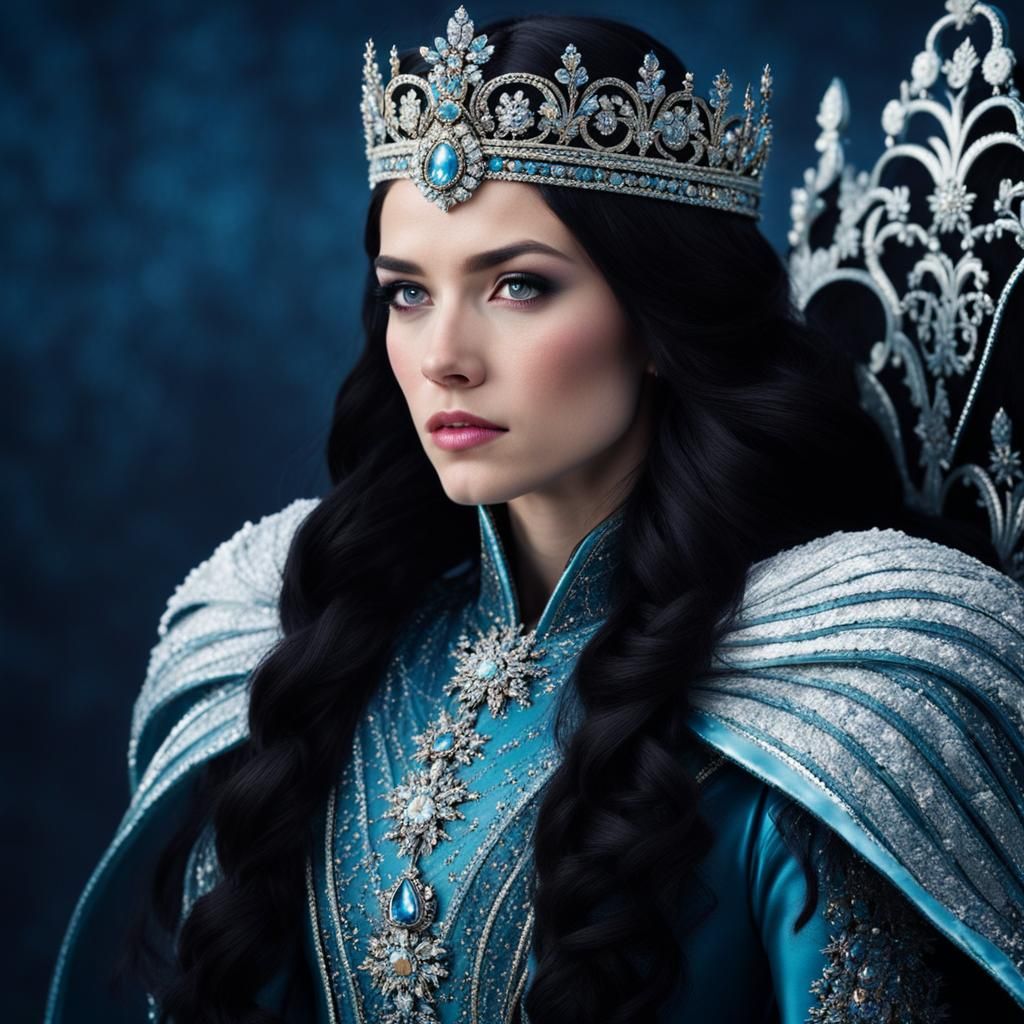 Majestic Ice Queen with Flowing Black Hair