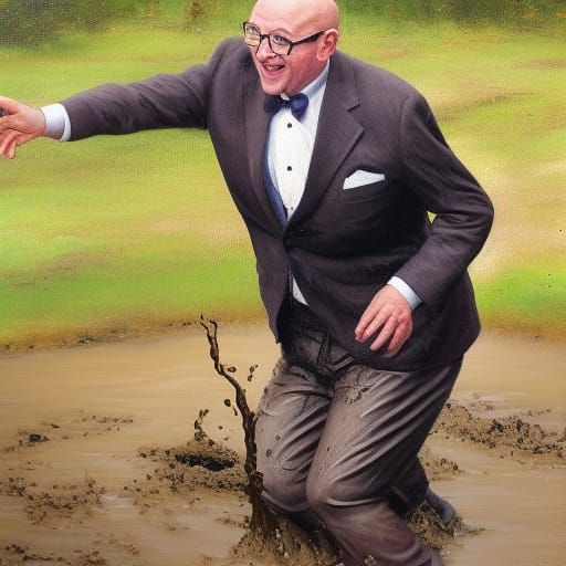 Happy Bald Man Hopping Through Mud as Oil Painting