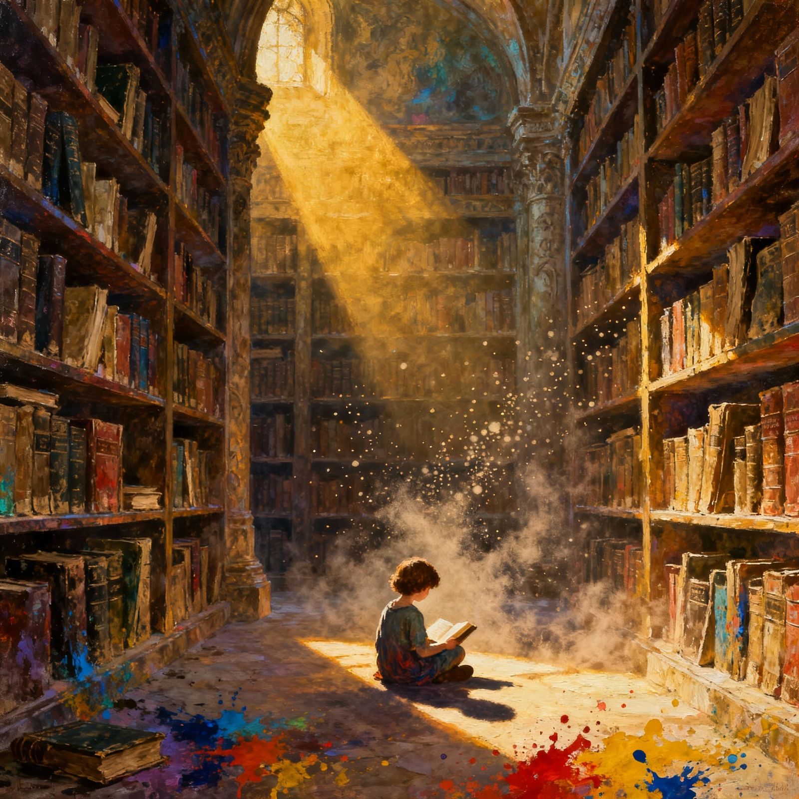 Child Lost in Ancient Library, Vibrant Surreal Oil Painting