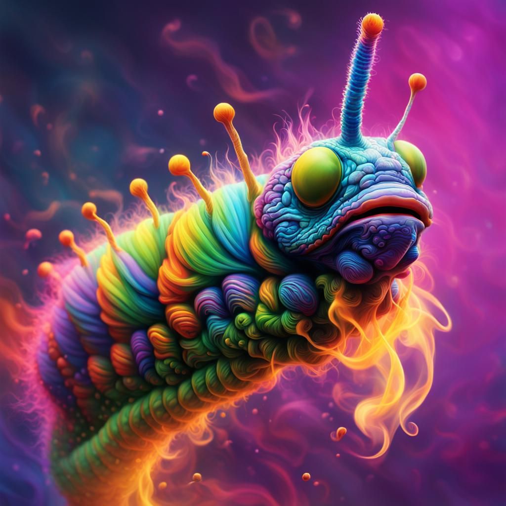 Psychedelic Caterpillar in Colorful Smoke: Hyperrealistic Ar...