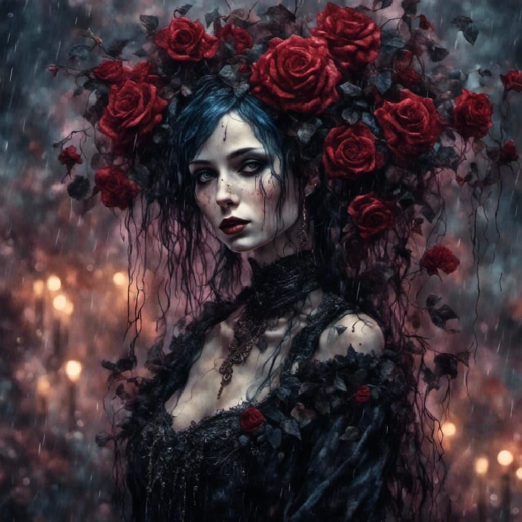 A gothic woman <lora:Art:1.0> with roses and rain standing in a crowd watching a live performance