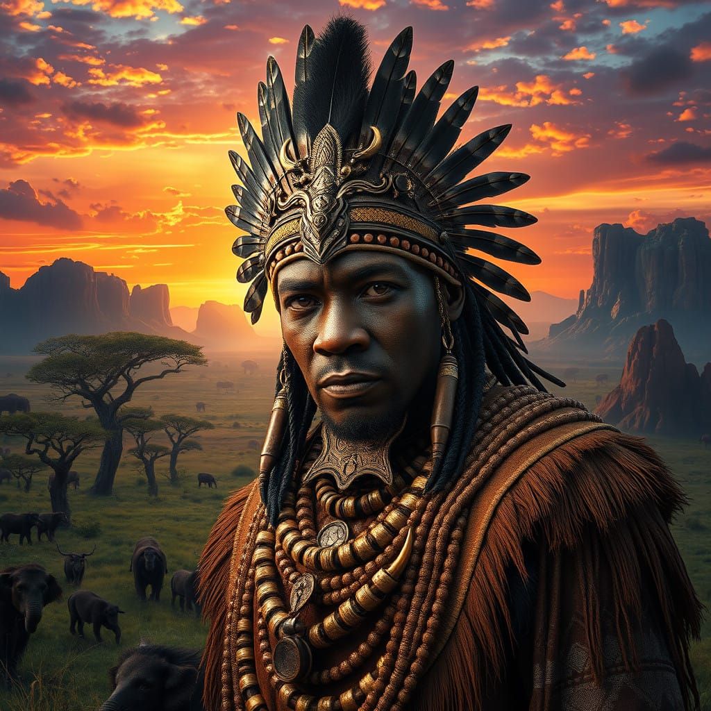 Majestic Shaka Zulu in Earth-Toned Regalia, African Savannah...