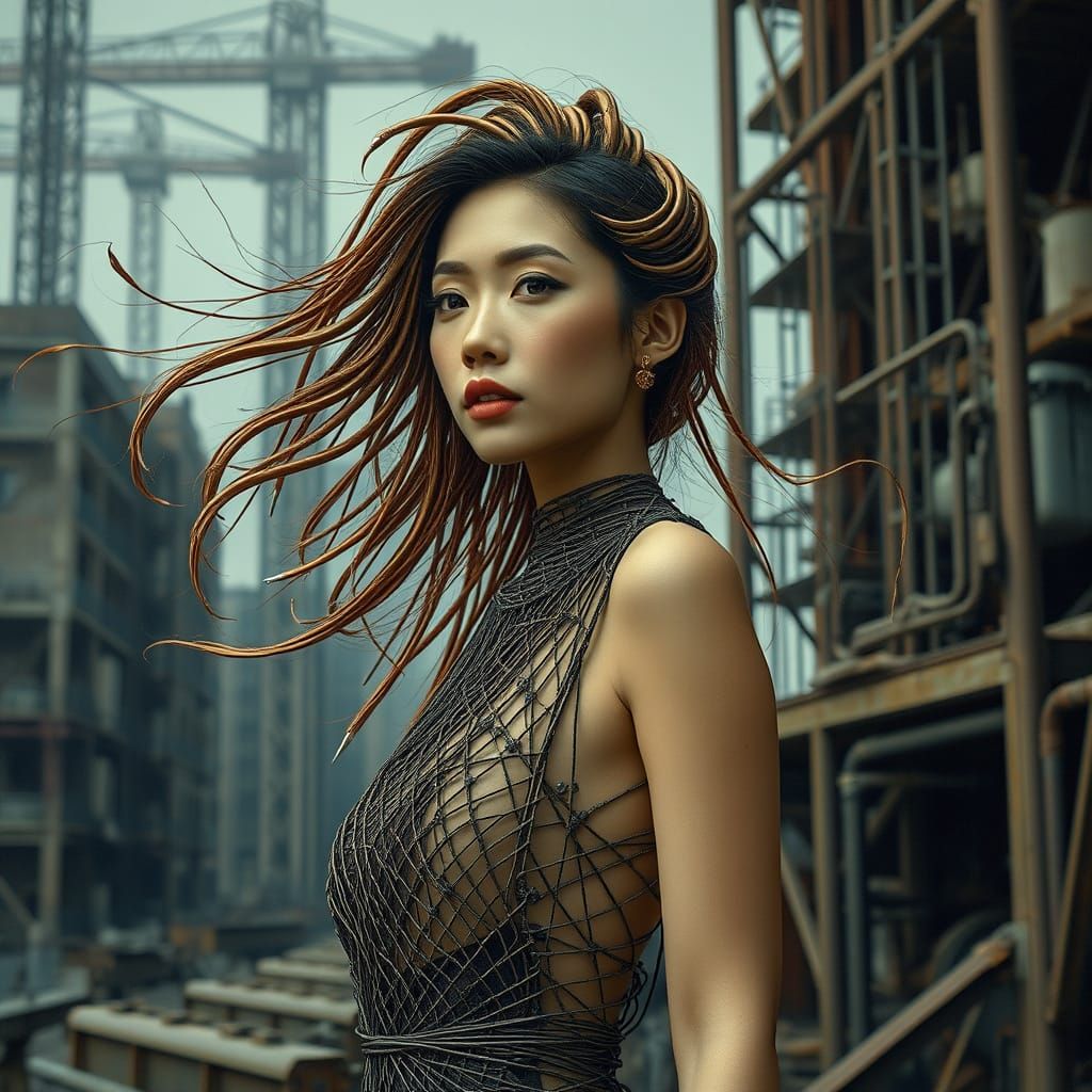 Ethereal Steampunk Goddess Amidst Urban Ruin