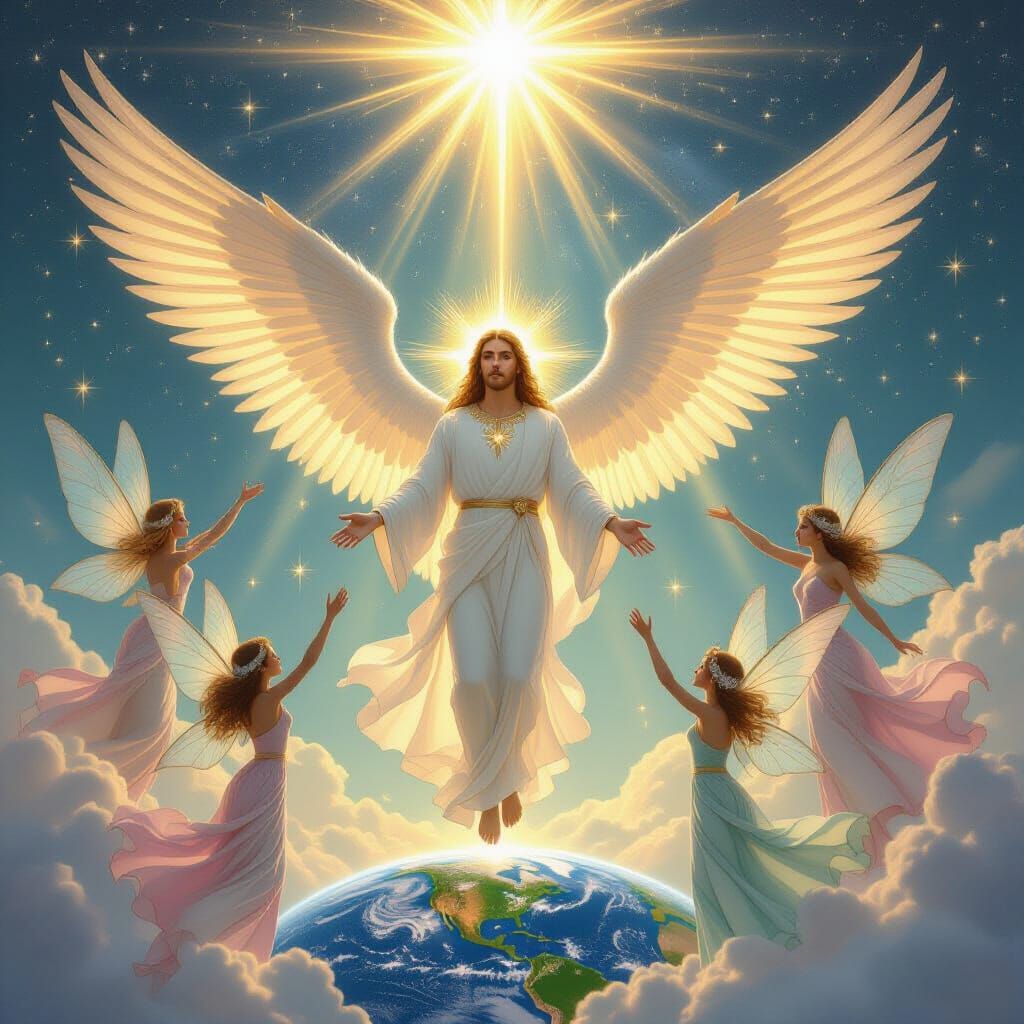 Celestial Christ Surrounded by Fairies with Feathery Wings