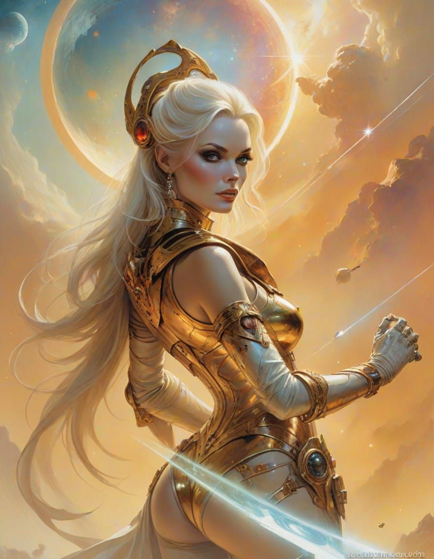 Golden Goddess in Cosmic Sunset, Oil Painting in Frazetta-In...