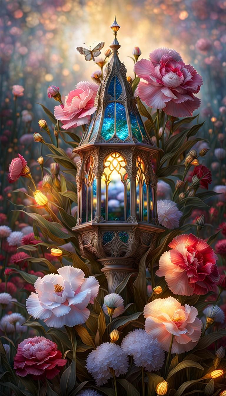 Gold-Dusted Carnation Garden in Stained Glass Style