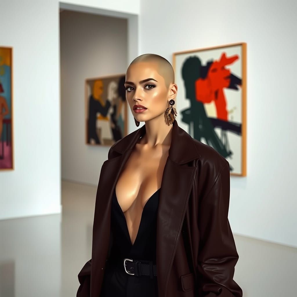 Confident Model Strides Through Art Gallery in High-Fashion ...