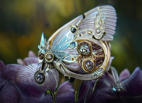 Clockwork Butterfly on Jewel-Encrusted Flower