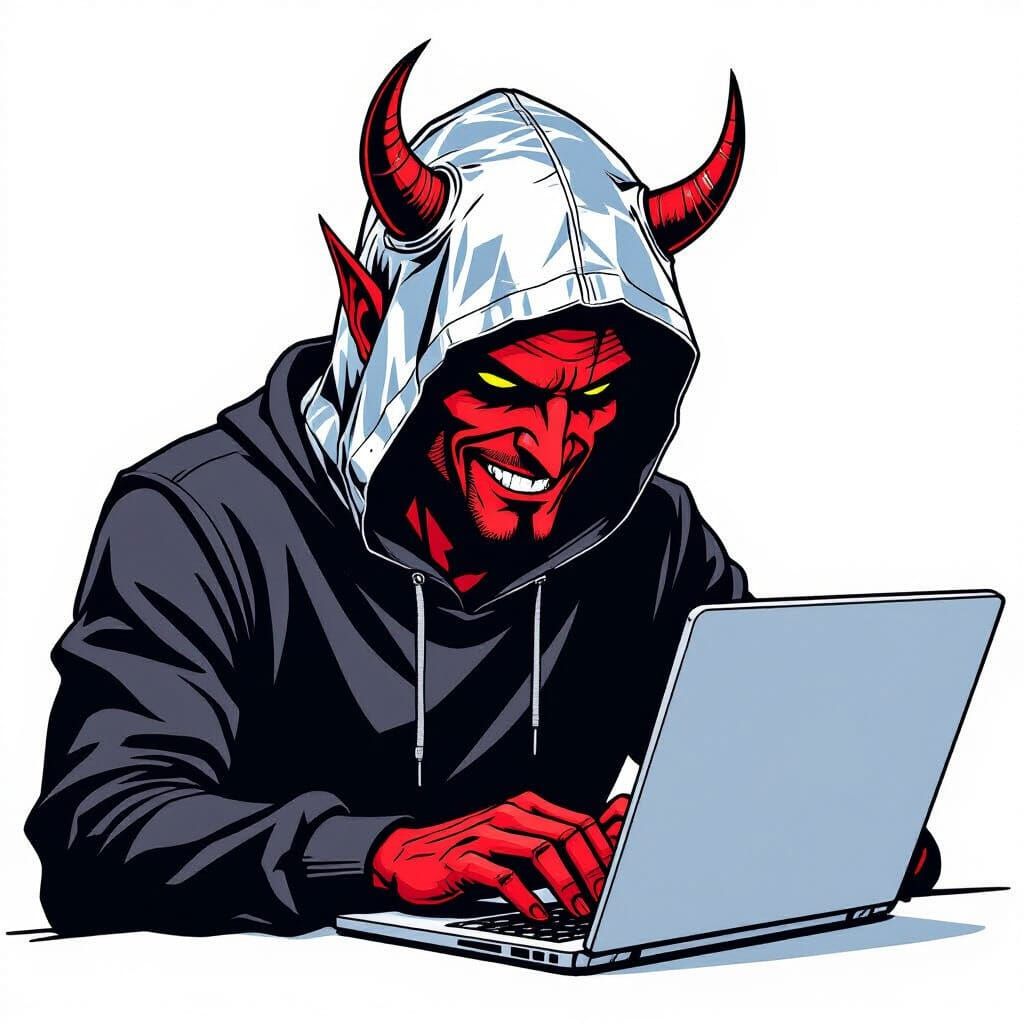 the devil wearing a tin foil hat with a laptop, in a modern ...