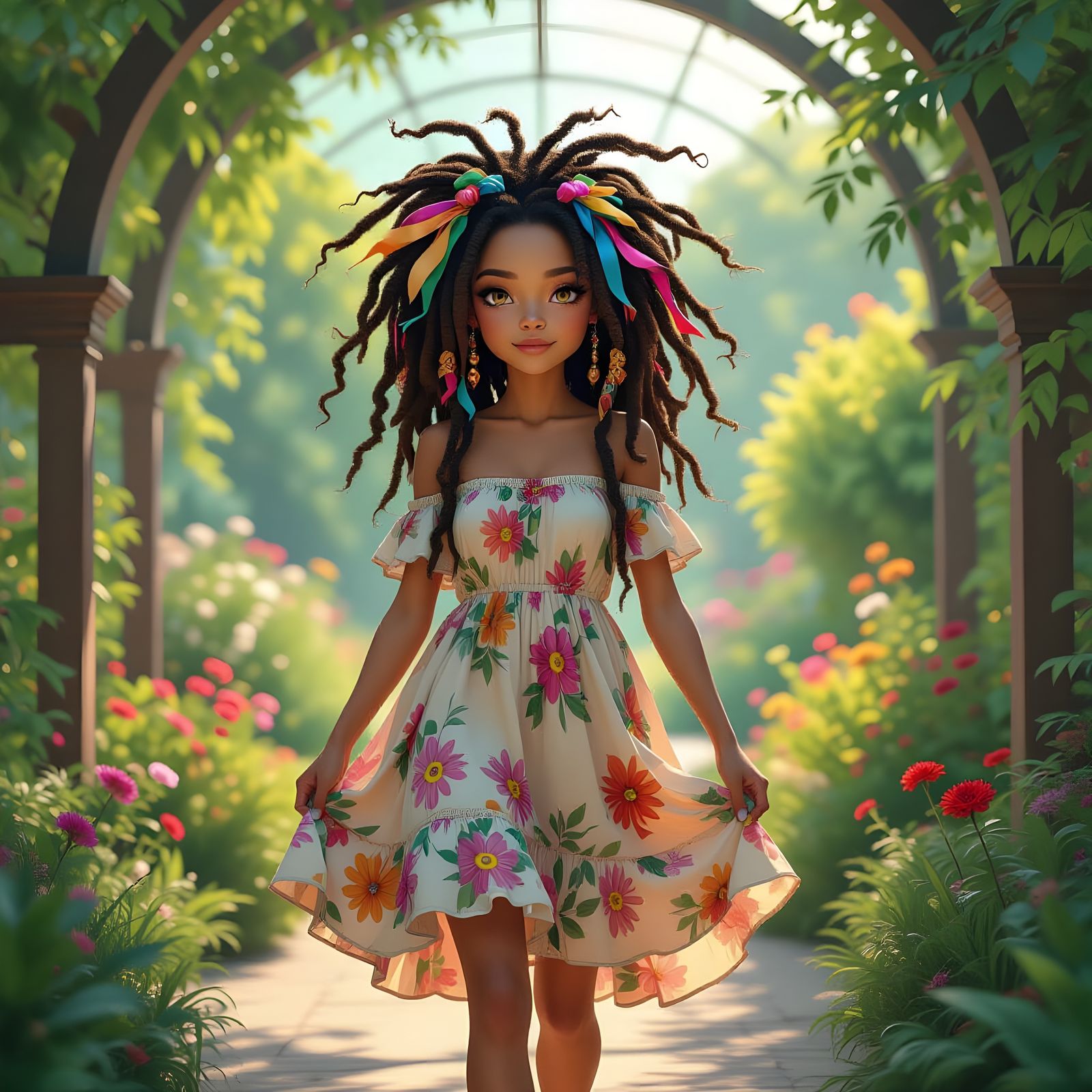 Whimsical Creature in Garden with Sundress and Dreadlocks