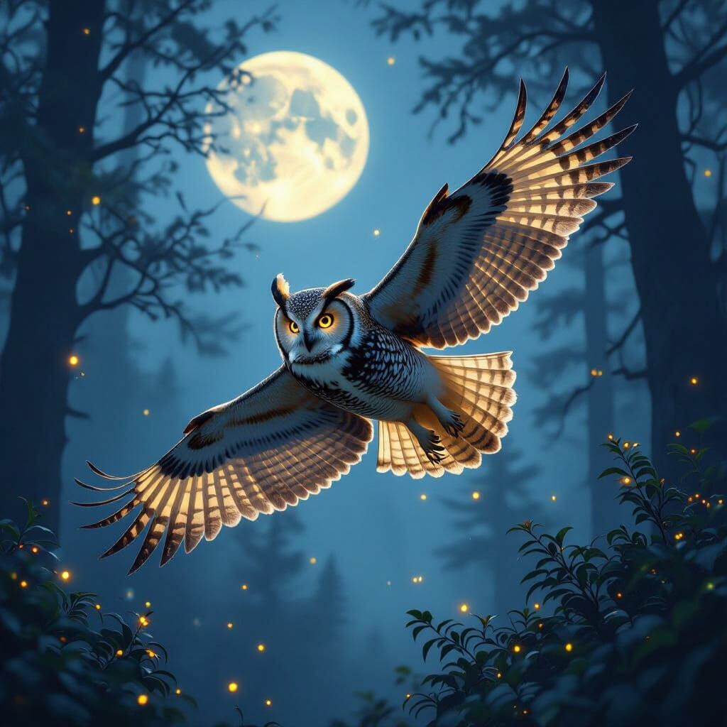 Owl in Moonlit Forest with Glowing Circuitry