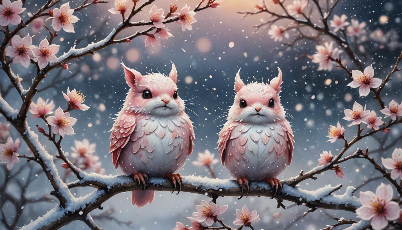 Cute Cherryblossom Creature in Snowstorm: Watercolor Art