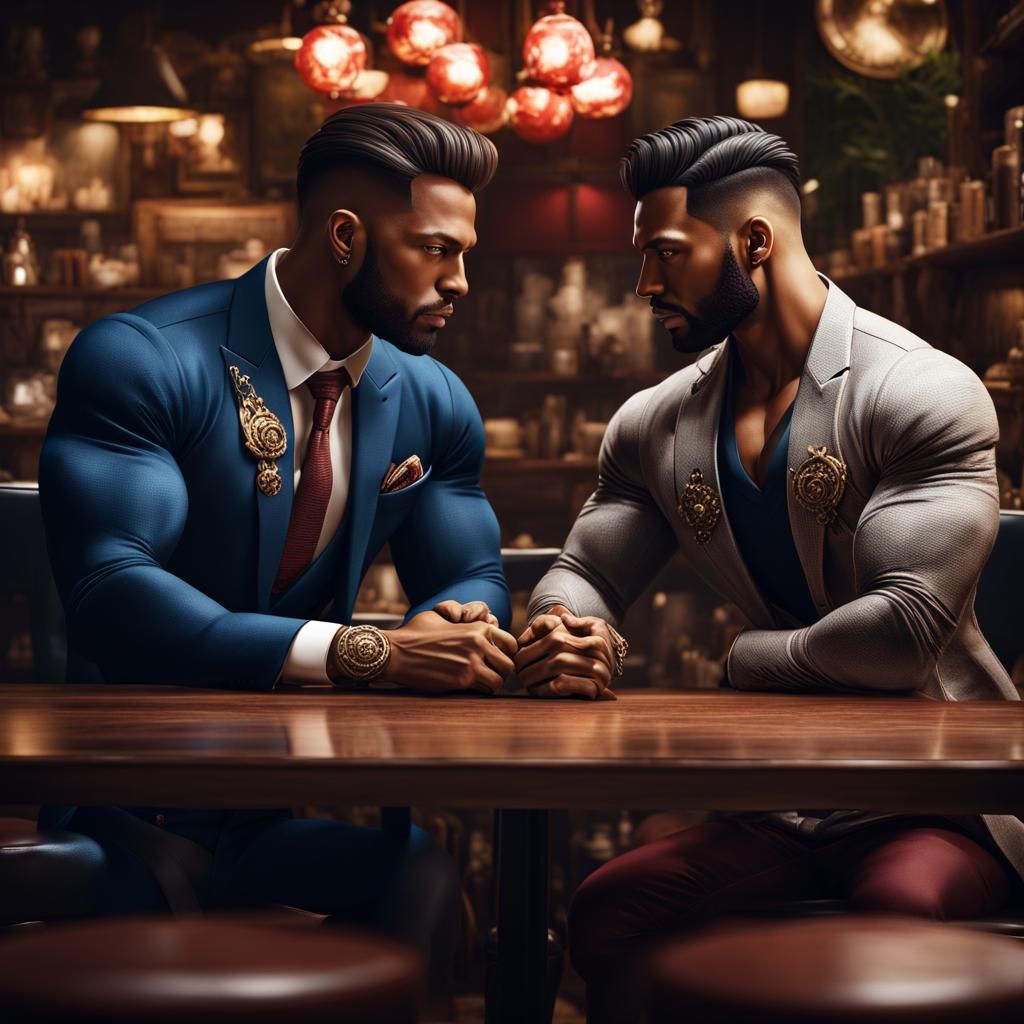 Romantic Bodybuilders in Coffee Shop: Detailed Matte Paintin...