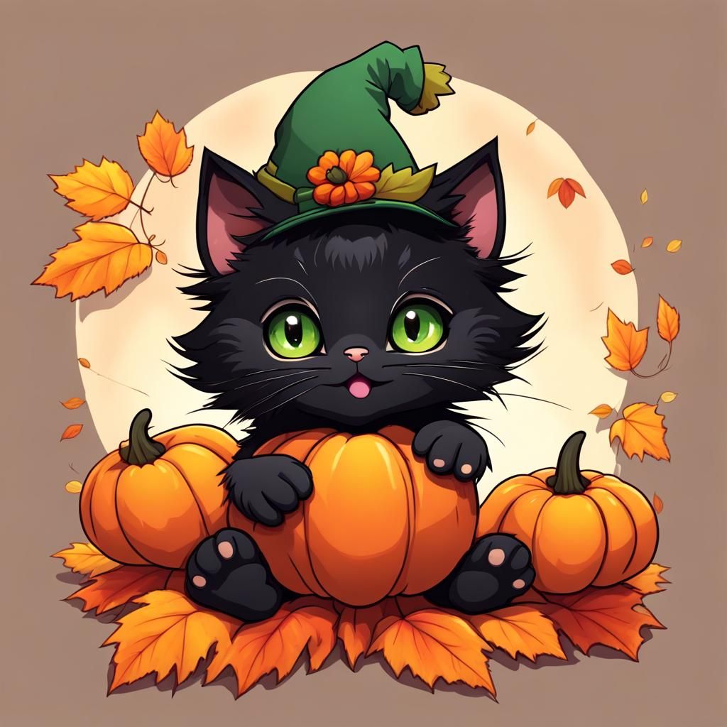 Cute Black Kitten with Pumpkin Hat in Anime Style
