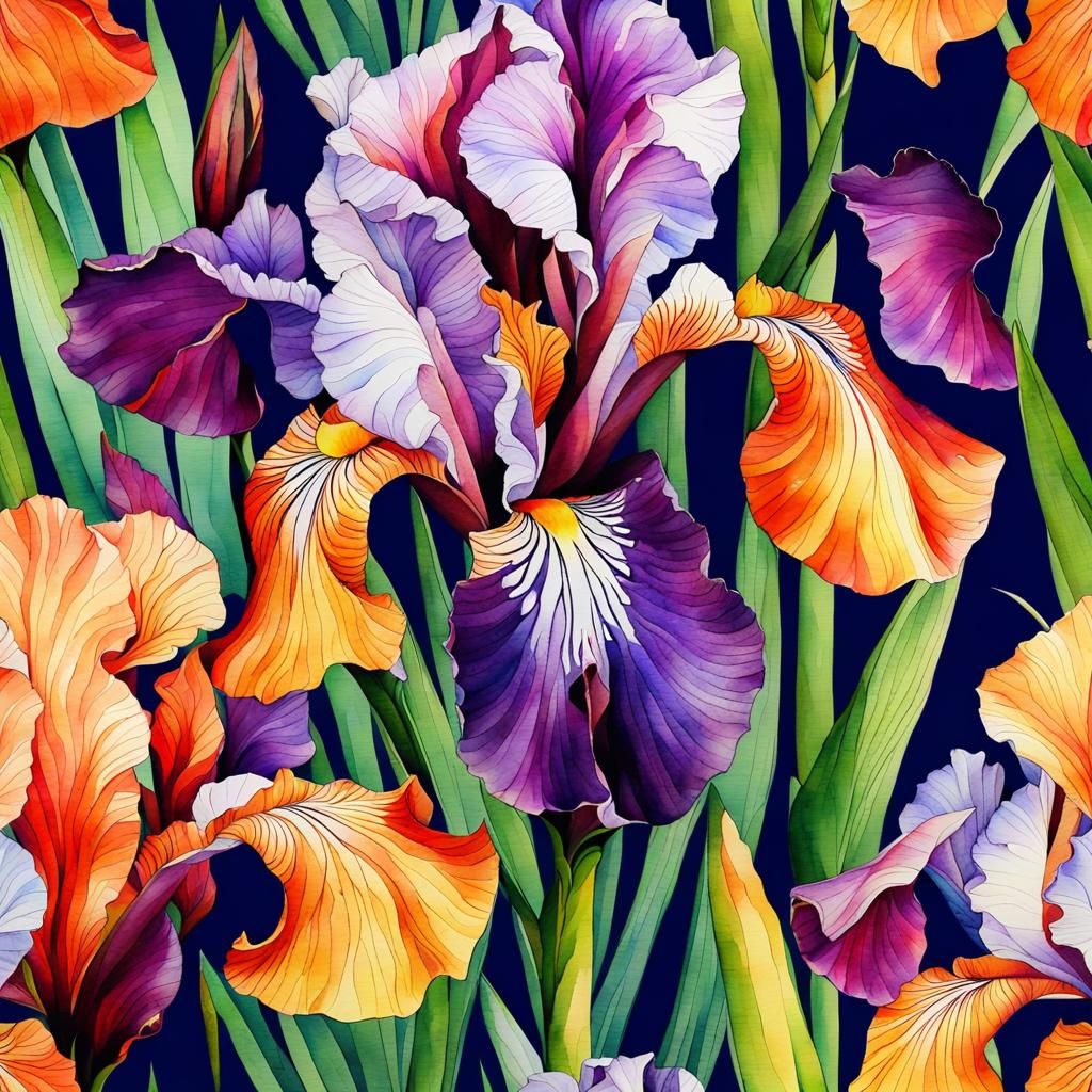 Beautiful Crackled Watercolor Painting of Irises