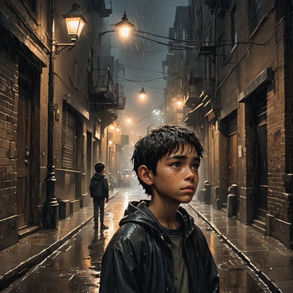 Rainy Alley: Boy's Sorrowful Vigil Under Streetlight