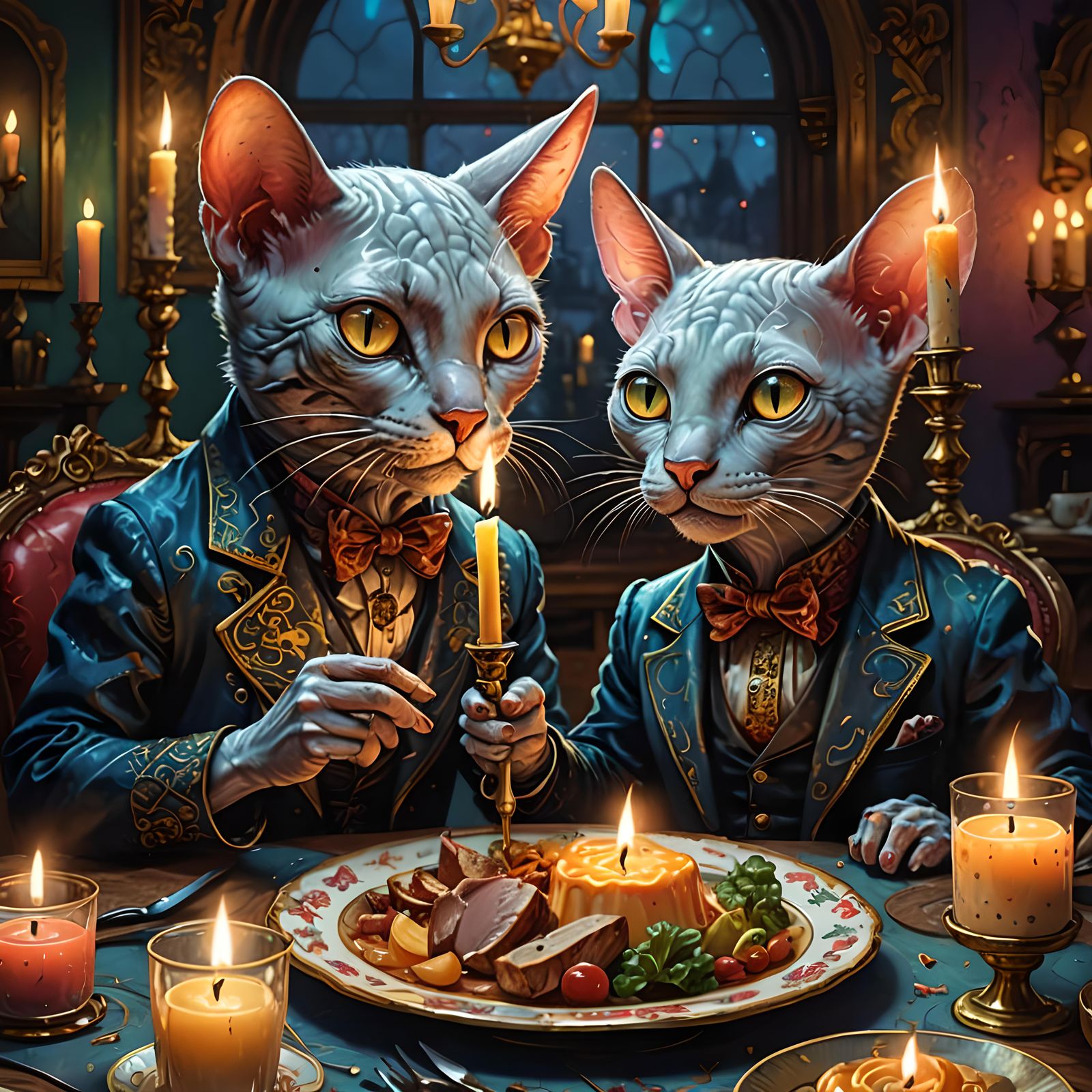 Victorian Mice Dinner with Hairless Cat