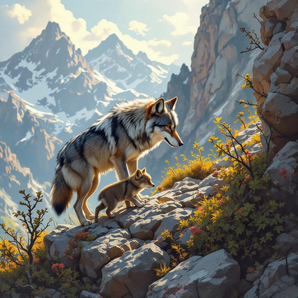 Wolf Mother Guides Pup from Mountain Ledge
